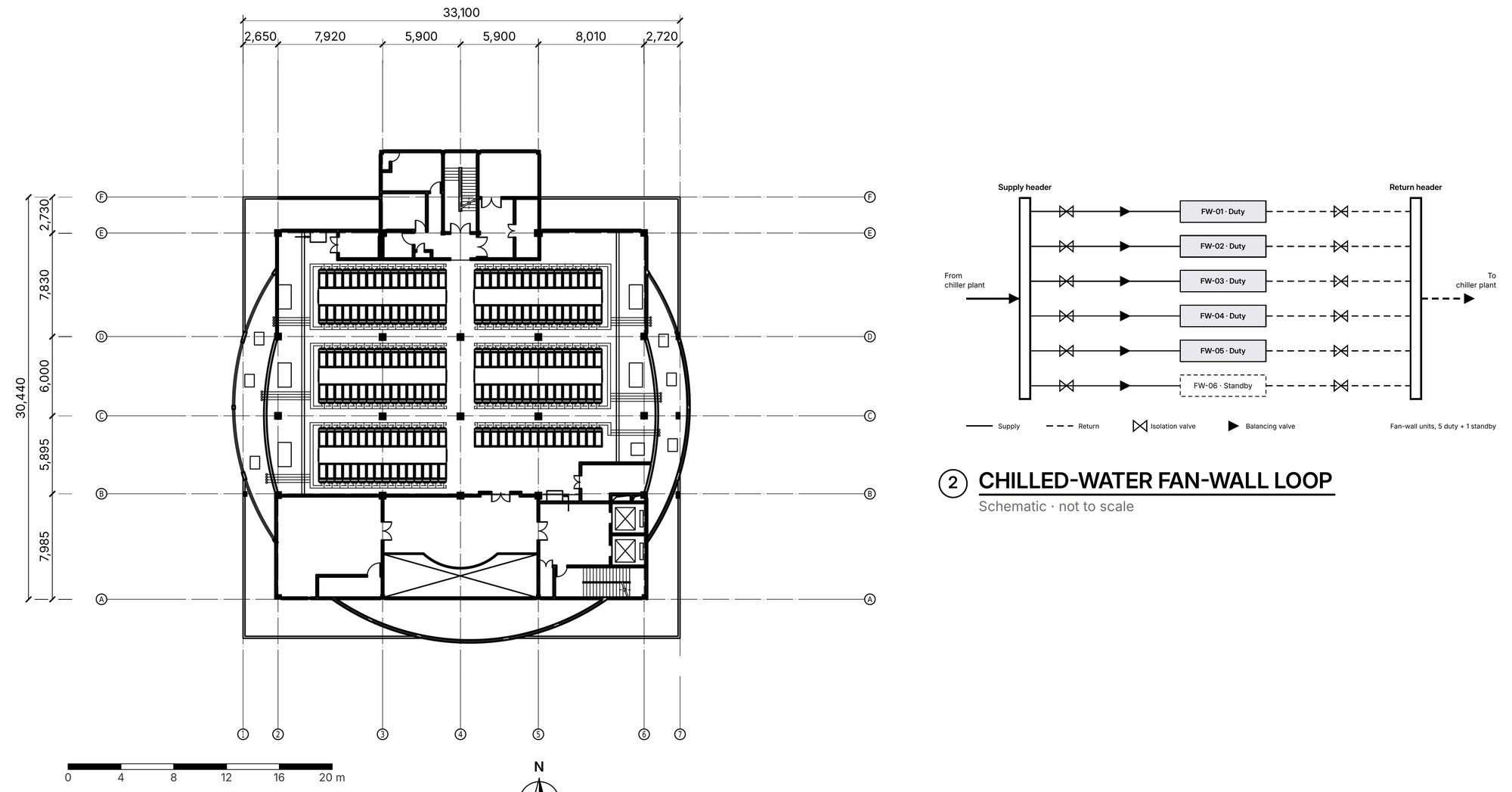 Data hall plan and chilled-water cooling loop